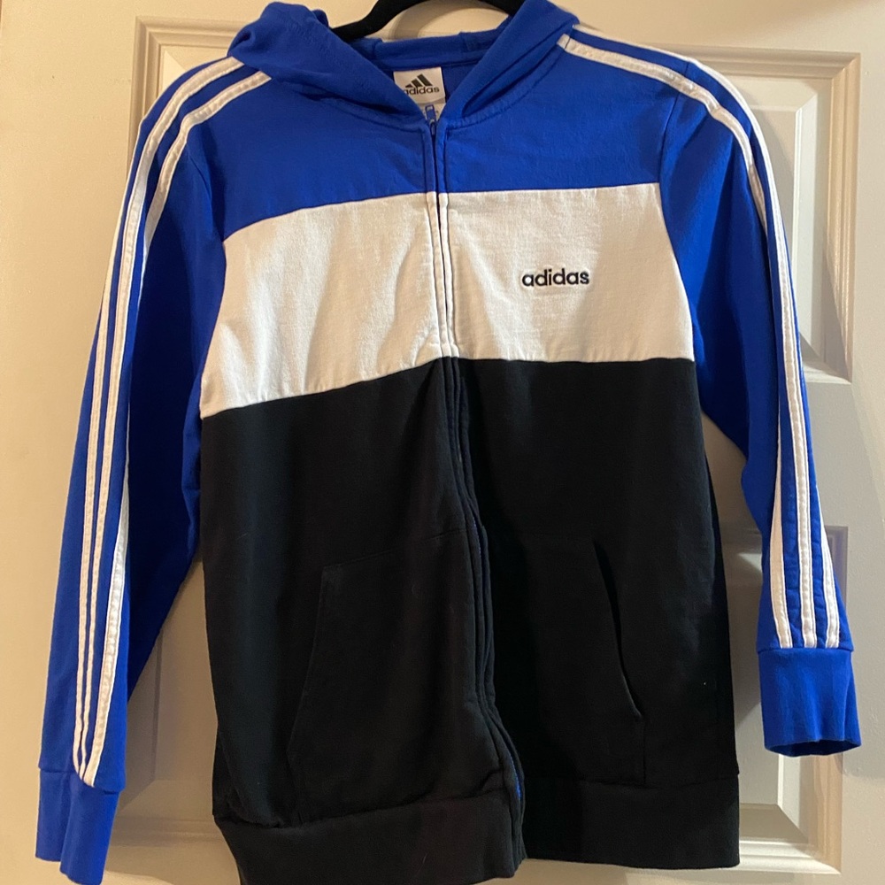 Adidas Kids Tri-Color Hoodie in Blue, White, and Black